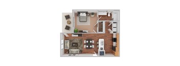 A top-down view of a modern apartment with a living room, kitchen, and bedroom.