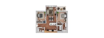A top-down view of a house layout with a living room, kitchen, dining area, and bedrooms.