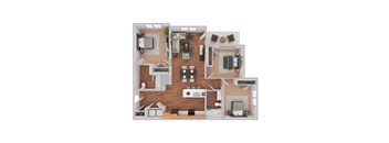 A top-down view of a house layout with a kitchen, living room, and bedrooms.