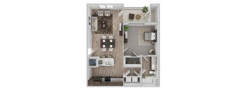 A 3D floor plan of a small apartment with a kitchen, living room, and bathroom.