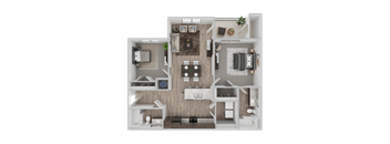 A detailed 3D floor plan of a modern apartment layout.
