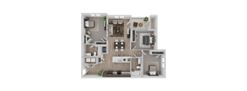 A detailed 3D floor plan of a modern apartment layout.