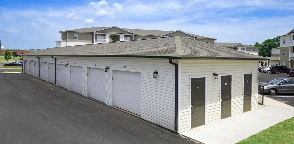 The garages that are available for residents to rent at Peachtree Village apartments in Boiling Springs.