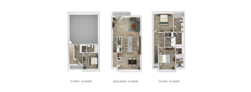Three images showing the layout of the first, second, and third floors of a house.