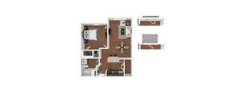A 3D floor plan of a small apartment with a kitchen, living room, and bedroom.