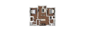 A 3D rendered image of a small apartment layout.