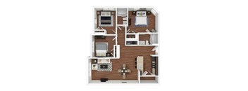 A 3D floor plan of a small apartment with a kitchen, living room, and bedrooms.