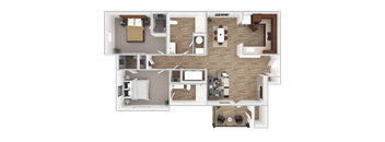 A top-down view of a house layout with multiple rooms and furniture.
