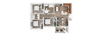 A top-down view of a house layout with multiple rooms and furniture.