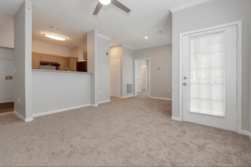 A spacious room with a ceiling fan and carpeted floor.