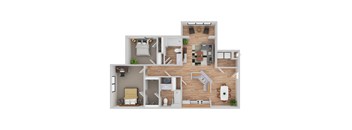 A 3D floor plan of a house with a kitchen, living room, and two bedrooms.