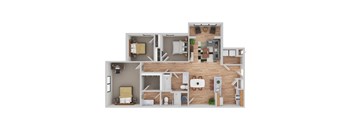 A 3D floor plan of a small apartment with a kitchen, living room, and bathroom.