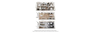 3D floor plan with garage at The Courts at Maverick Yards Apartments, Mauldin, SC 29662