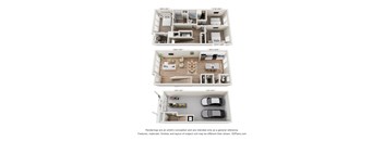 3D floor plan with three levels and garage at The Courts at Maverick Yards Apartments, Mauldin