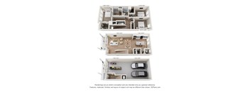 Three level 3D floor plan with bedrooms and garage at The Courts at Maverick Yards Apartments, Mauldin