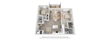 A 3D floor plan of a house with a kitchen, living room, dining room, and two bedrooms.