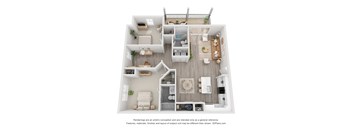 A 3D floor plan of a house with a kitchen, living room, and two bedrooms.