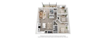 A 3D floor plan of a house with a kitchen, living room, and bathroom.