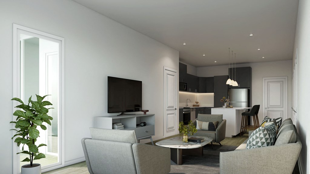 Interior rendering of The Alston Apartments with a TV, chairs and kitchen