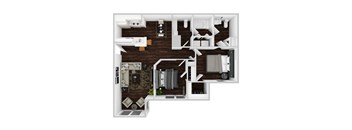 A 3D floor plan of a house with a kitchen, living room, and bedrooms.