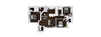 A 3D rendered image of a house layout.