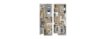 A floor plan of a two-story apartment with a garage on the first floor and a living area on the second floor.