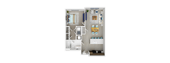 A floor plan of a small apartment with a kitchen, living room, and bathroom.