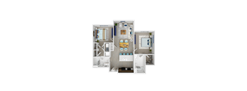 A floor plan of a small apartment with a kitchen, living room, and bathroom.