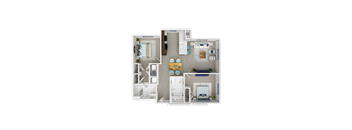 A 3D floor plan of a house with a kitchen, living room, dining room, and two bedrooms.