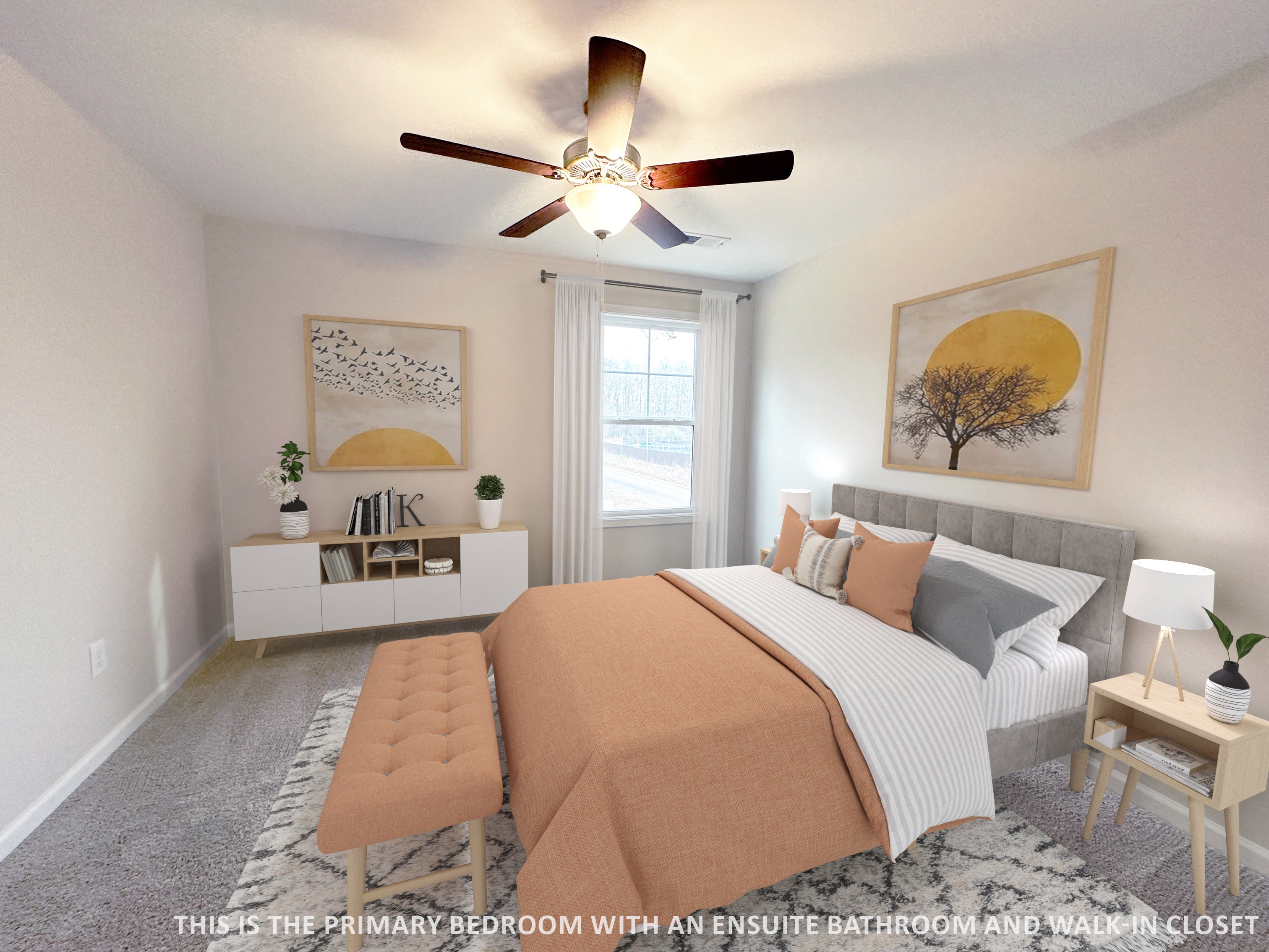 a bedroom with a large bed and a ceiling fan