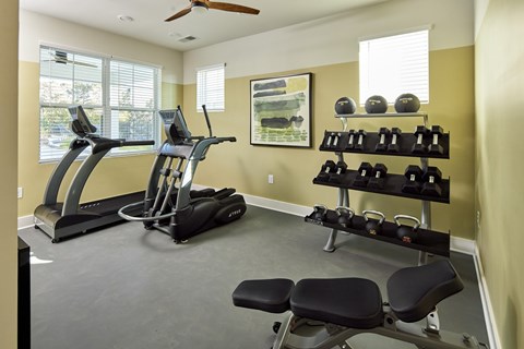 A home gym with a treadmill, elliptical trainer, and dumbbells.