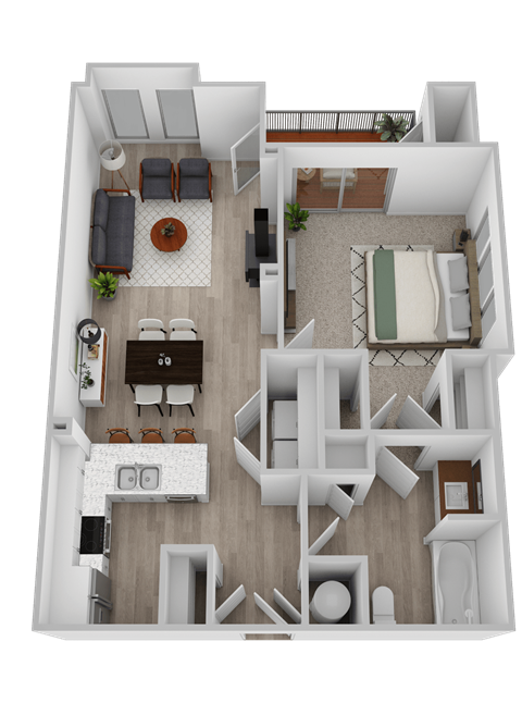 A top down view of a house interior with a kitchen, living room, dining room, and bedrooms.