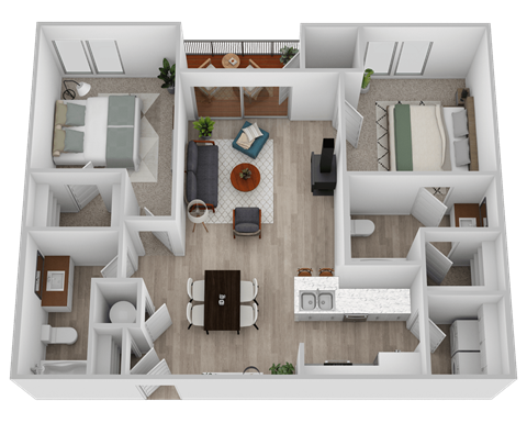 A top-down view of a house layout with a living room, kitchen, dining area, and bedrooms.
