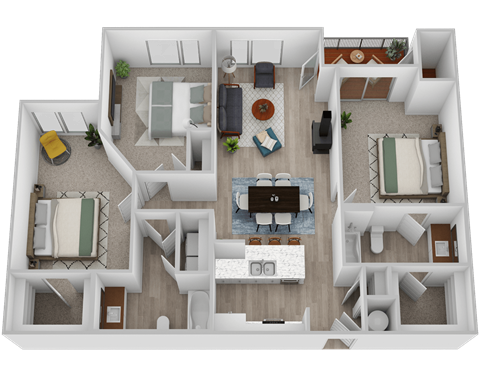 A top-down view of a house layout with multiple rooms and furniture.