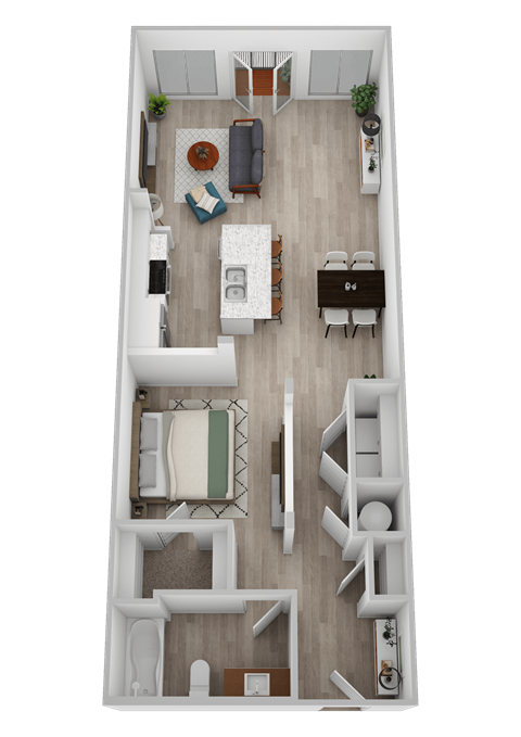 A top-down view of a modern apartment layout with a living room, dining area, kitchen, and bedrooms.