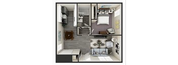 A 3D rendered image of a small apartment layout.