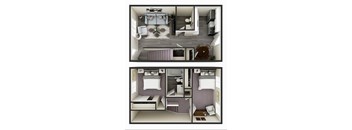 A top-down view of a living room and a bedroom.