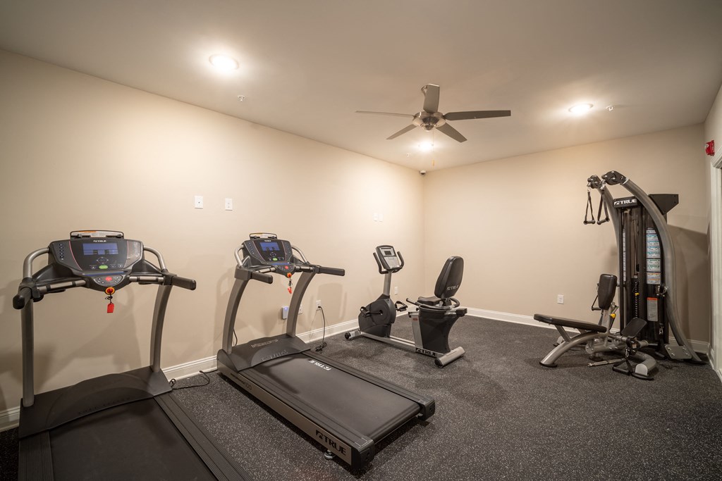 A room with a treadmill, a stationary bike, and a rowing machine.