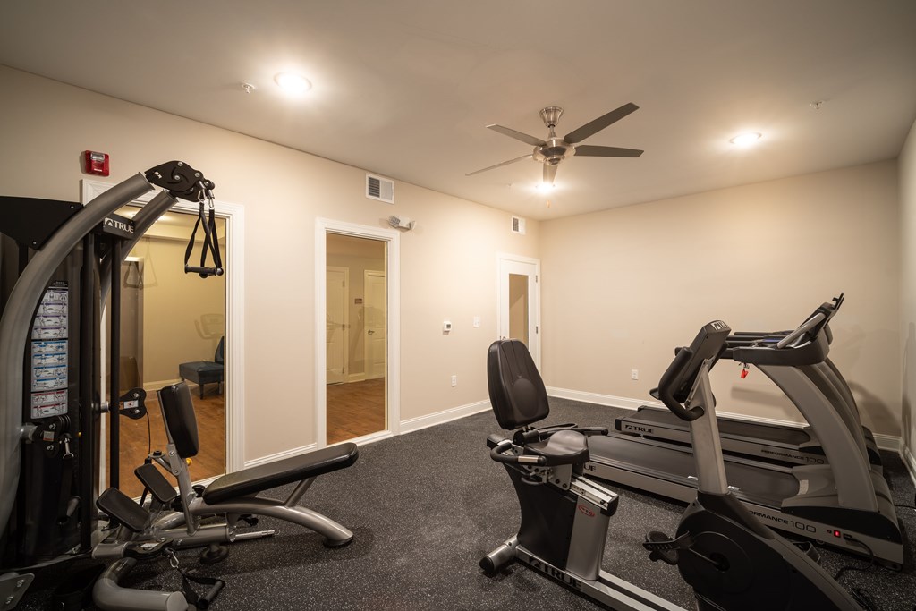 A home gym with a treadmill, exercise bike, and weight machine.
