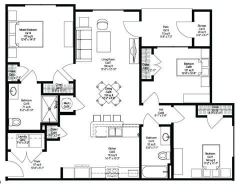 a floor plan of a house with bedrooms and a large living room