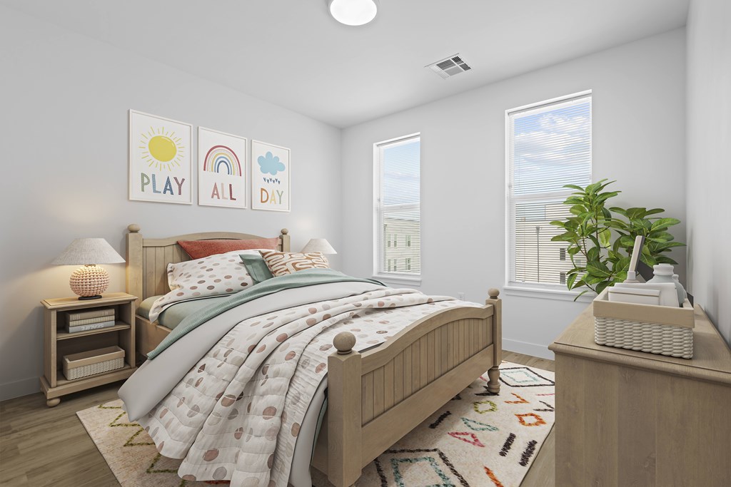 Bedroom with windows at 36N Apartments, Tulsa, Oklahoma