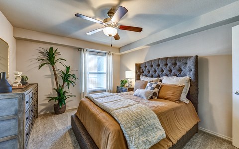 A bedroom with a bed, dresser, and ceiling fan.