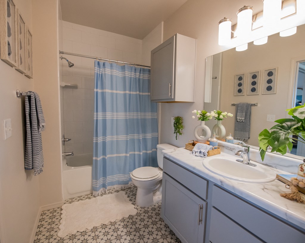 A bathroom with a blue shower curtain and a white toilet.