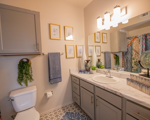 A bathroom with a white toilet, a sink, and a mirror.