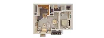 A top-down view of a small apartment with a kitchen, living room, and bedroom.