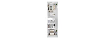 A top-down view of a small apartment with a kitchenette and a bedroom.