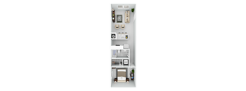 A top-down view of a small apartment with a kitchen, living room, and bathroom.