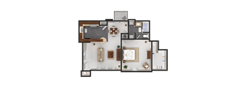 A top-down view of a house floor plan with a living room, kitchen, and two bedrooms.