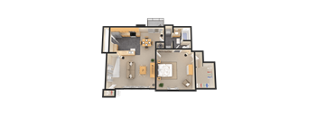 A top-down view of a house layout with a living room, kitchen, and bathroom.
