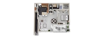 A 3D floor plan of a house with a living room, kitchen, and bathroom.